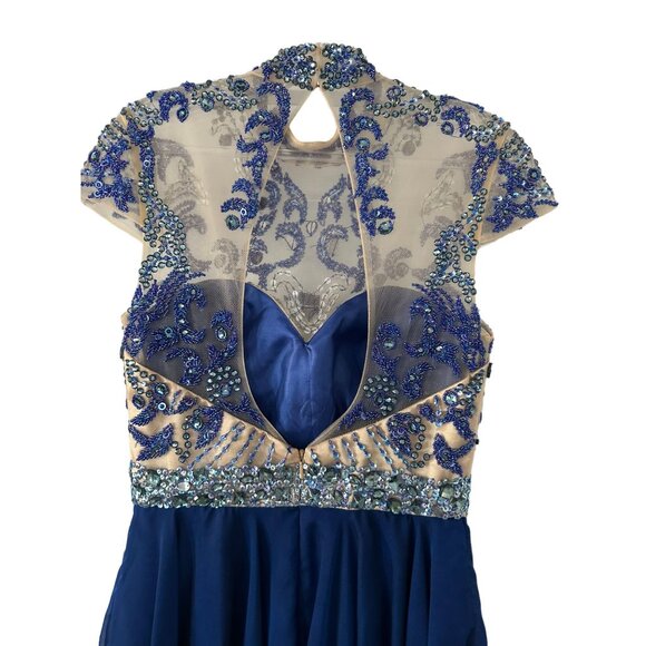 SHERRI HILL Blue Nude Beaded Skater Cocktail Dress Size 4 - Picture 5 of 8